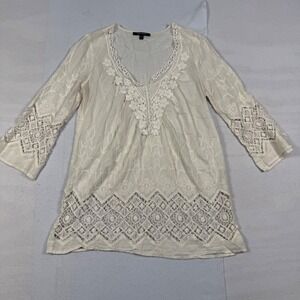 Daniel Rainn Cream Silk Blend Embroidered Crochet Lace Boho Tunic Top Small